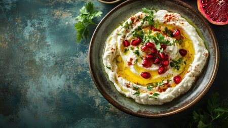 A vibrant bowl of creamy hummus drizzled with olive oil, topped with pomegranate seeds and fresh herbs, perfect for healthy snacking or entertaining guests.の素材