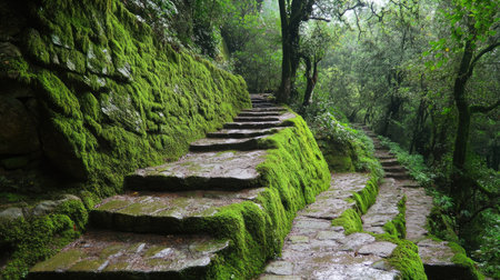 Discover a tranquil forest pathway adorned with moss-covered stones and lush greenery. This serene environment invites exploration and relaxation among nature.の素材