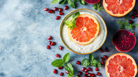 A vibrant arrangement of fresh grapefruit slices and beetroot on a rustic blue background, garnished with mint leaves, showcasing healthy ingredients perfect for any meal or snack.の素材