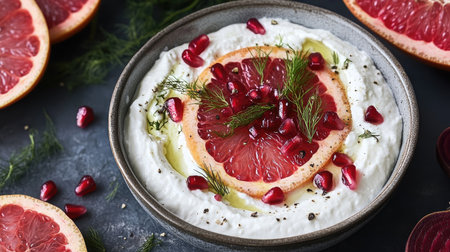 A delicious yogurt dip topped with grapefruit slices and pomegranate seeds, garnished with fresh herbs. Perfect for snacks or entertaining guests.の素材