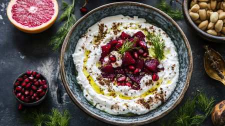 Indulge in a visually appealing bowl of creamy yogurt topped with vibrant beetroot, pomegranate seeds, and fresh herbs. Perfect for healthy snacking!の素材