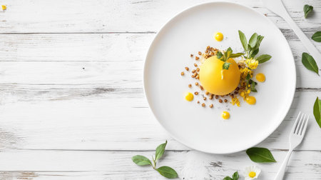 A beautifully styled dessert on a white plate featuring vibrant yellow hues and garnished with edible flowers, perfect for a gourmet showcase.の素材