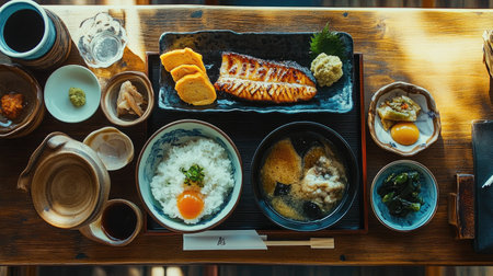 A beautifully arranged traditional Japanese breakfast featuring grilled salmon, rice topped with a raw egg, miso soup, and various savory side dishes, all set on a wooden table.の素材