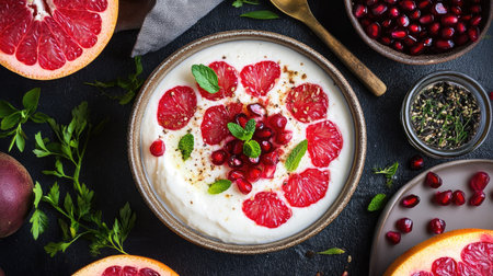 A vibrant yogurt bowl featuring fresh grapefruit slices, pomegranate seeds, and mint leaves, ideal for healthy eating and aesthetic food presentation.の素材
