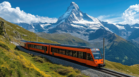 Discover a picturesque train journey through stunning mountain landscapes in Switzerland, featuring vibrant scenery and majestic peaks against a bright blue sky.の素材