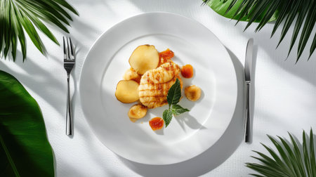 This elegant image features a beautifully grilled fish fillet served on a pristine white plate, garnished with sliced vegetables and tropical leaves, creating a vibrant dining experience.の素材