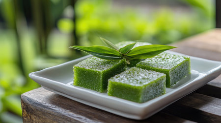 A vibrant green jelly dessert beautifully arranged on a square plate, garnished with a fresh leaf. This visually appealing treat is ideal for showcasing tropical flavors.の素材