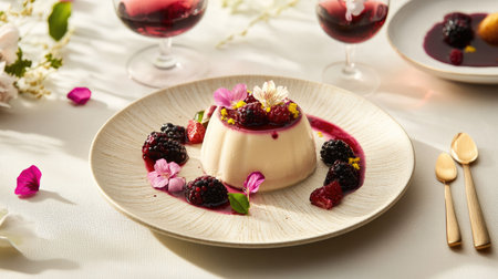 This exquisite panna cotta dessert features fresh berries, delicate flowers, and vibrant sauces, creating an elegant display perfect for fine dining or special occasions.の素材