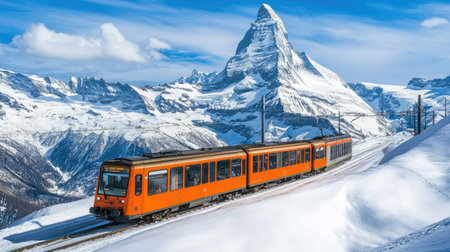 A vibrant orange train travels along snowy tracks beneath a stunning mountain peak. This scenic winter landscape invites adventure and exploration.の素材