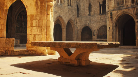 An ancient stone table rests in a historic courtyard, illuminated by warm sunlight. The serene atmosphere invites reflection on the rich history of architecture.の素材