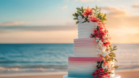 This stunning three-tiered wedding cake features delicate floral decorations, set against a beautiful beach sunset backdrop, perfect for romantic celebrations.の素材