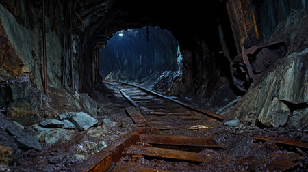 Explore the haunting beauty of an abandoned mine tunnel featuring rusty tracks and rocky walls. The dim light creates an eerie atmosphere perfect for exploration.の素材