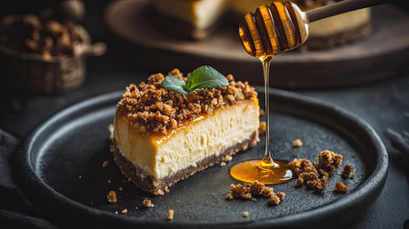 A delectable slice of cheesecake topped with honey and a crunchy crumb topping, served on a dark plate, perfect for dessert lovers and culinary enthusiasts.の素材