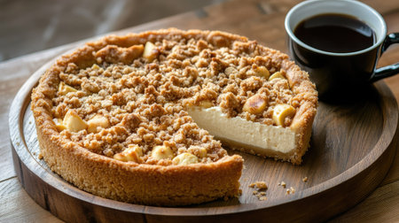 A tempting apple cheesecake with a crumb topping served with a hot cup of coffee on a rustic wooden table, perfect for dessert lovers and cozy gatherings.の素材