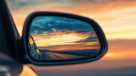 A mesmerizing evening sky filled with sunset hues, seen perfectly in the car's side mirror.の素材