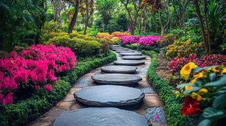 A pathway of stepping stones weaving through a garden with round, well-manicured bushes and colorful flowers.の素材