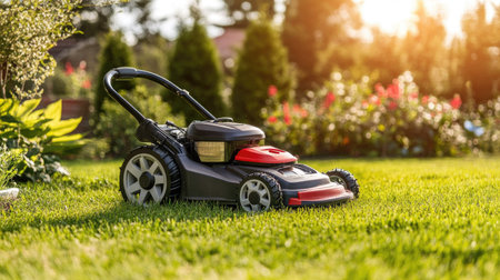 A modern battery-powered lawn mower positioned on a bright green lawn, showcasing eco-friendly garden tools.の素材