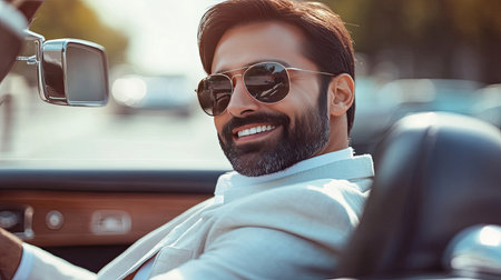 A well-dressed Indian professional enjoying a smooth drive in his car, showcasing a modern and fulfilling lifestyle.の素材