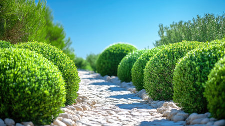 A stone garden path lined with lush, green spherical shrubs under a bright blue sky.の素材