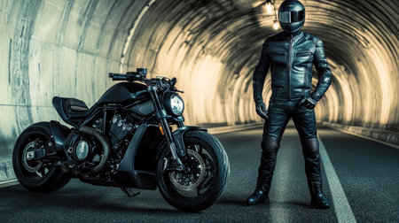 A rugged motorcyclist in a helmet and leather outfit, standing next to his motorcycle in a shadowy tunnel.の素材
