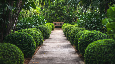 A peaceful outdoor walkway lined with round shrubs, leading toward a cozy seating area in a lush garden.の素材