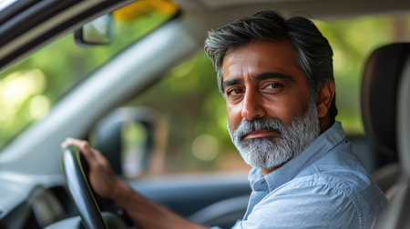 A successful Indian businessman behind the wheel, driving to work with confidence, embracing financial freedom.の素材