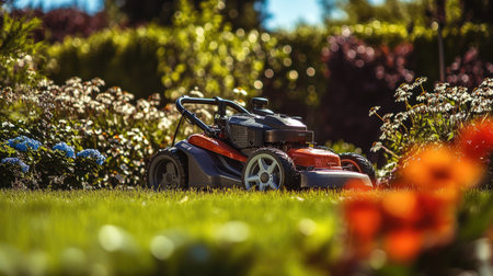 A powerful gas-powered lawn mower positioned on green grass in a landscaped backyard with blooming flowers.の素材