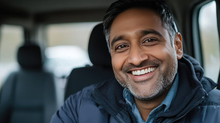 A smiling Indian businessman in his car, looking relaxed and enjoying the journey to his office.の素材