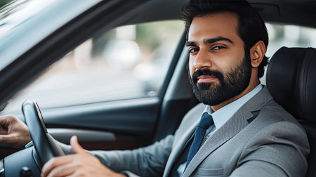 A well-dressed Indian professional enjoying a smooth drive in his car, showcasing a modern and fulfilling lifestyle.の素材