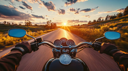 A rider gripping the handlebars, cruising under the warm glow of the evening sun on an open highway.の素材
