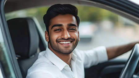 A smart Indian professional smiling as he drives his car to the office, embracing a fulfilling lifestyle.の素材