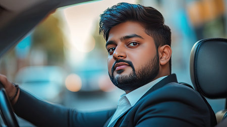 A stylish Indian businessman gripping the wheel, driving through the city on his way to work.の素材