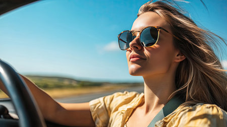 A young woman gripping the steering wheel, focused on the road while driving under a bright blue sky.の素材