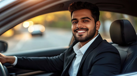 A young Indian businessman driving his new car to work, smiling confidently, enjoying a smooth and successful lifestyle.の素材