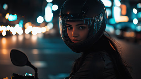 Mysterious female rider in a tinted visor helmet, captured in a close-up as city lights flicker around her at night.の素材