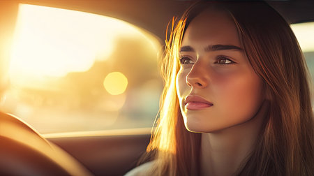 A young woman focused on driving, golden sunlight casting a soft glow inside the car.の素材