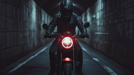 A young rider gripping his helmet near a motorcycle, standing in a dark, industrial tunnel with a single light source.の素材
