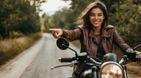 Happy young biker girl, looking at the camera while pointing to her left, creating a welcoming and promotional feel.の素材