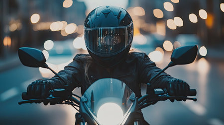 Close-up of a woman's gloved hands on the handlebars, her helmet visor reflecting the city lights at dusk.の素材