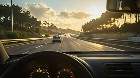 Car dashboard view with speedometer at  kmh, a scenic Algarve highway unfolding under a bright sky.の素材