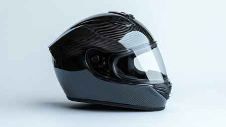 Elegant motorcycle helmet with a glossy carbon fiber shell, displayed in sharp detail on a white backdrop.の素材