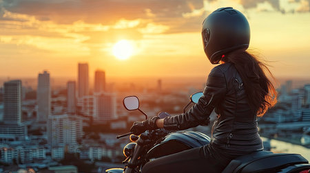 A woman motorcyclist in a sleek black helmet, sitting on her bike as the sun sets behind the urban skyline.の素材