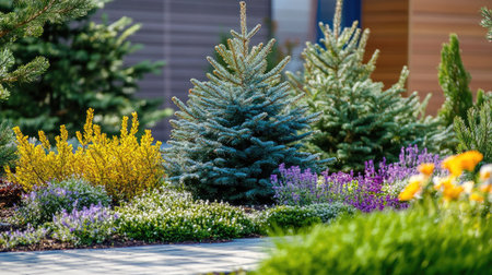 Decorative small fir trees in a landscaped garden with colorful flowers and trimmed bushes.の素材