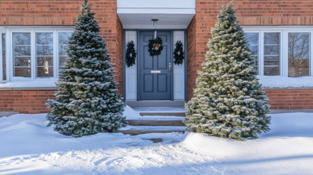 Small fir trees decorating the entrance of a suburban home, adding charm to the front yard.の素材