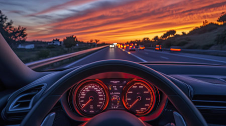 Speedometer in a sports car locked at  kmh, highway leading into the horizon with light traffic, Algarve, Portugal.の素材