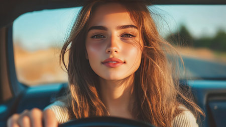 A young woman holding the steering wheel, looking ahead confidently as she drives through the countryside.の素材