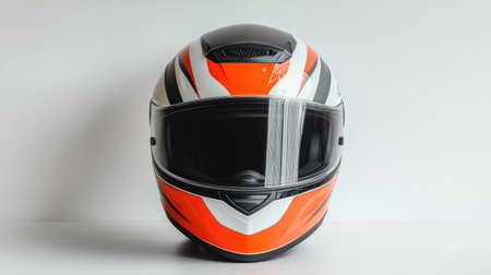 Sporty motorcycle helmet with aggressive styling and bold color accents, displayed against a clean white background.の素材