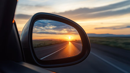 Sunset reflecting in the side mirror, viewed from the driver's seat while cruising down an open road in the evening.の素材