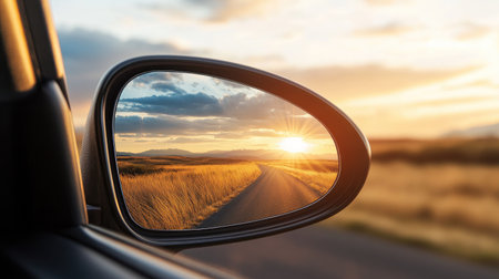 The last rays of daylight captured in the side mirror, creating a peaceful driving experience.の素材