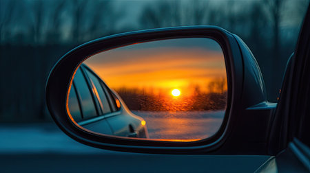 The warm glow of a setting sun in the side mirror, contrasting against the cool evening sky.の素材